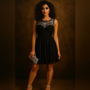 Elegant Black Sleeveless Dress,  Rhinestone Detail. Gathered Bodice. Size 8.